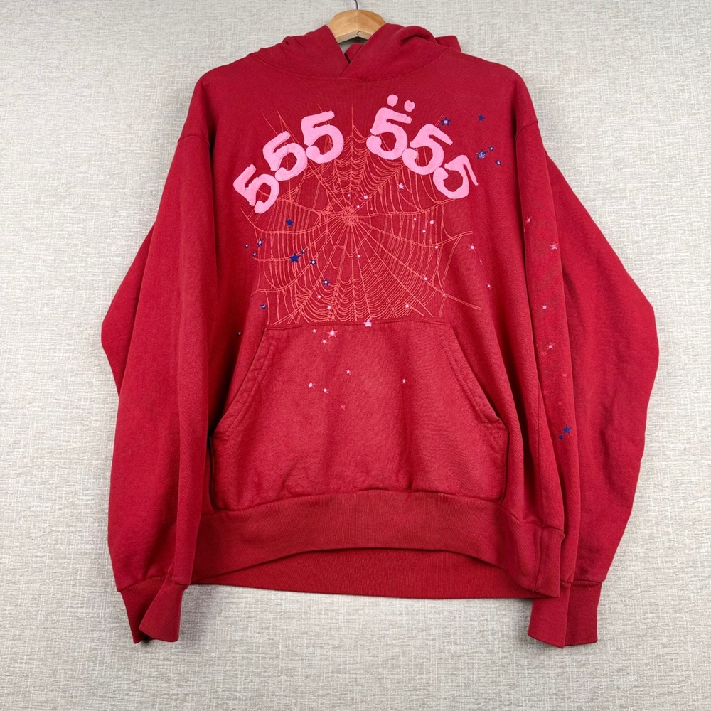 Sp5der Worldwide 555 555 Red Spider Web Hoodie Streetwear Pink Graphic Large